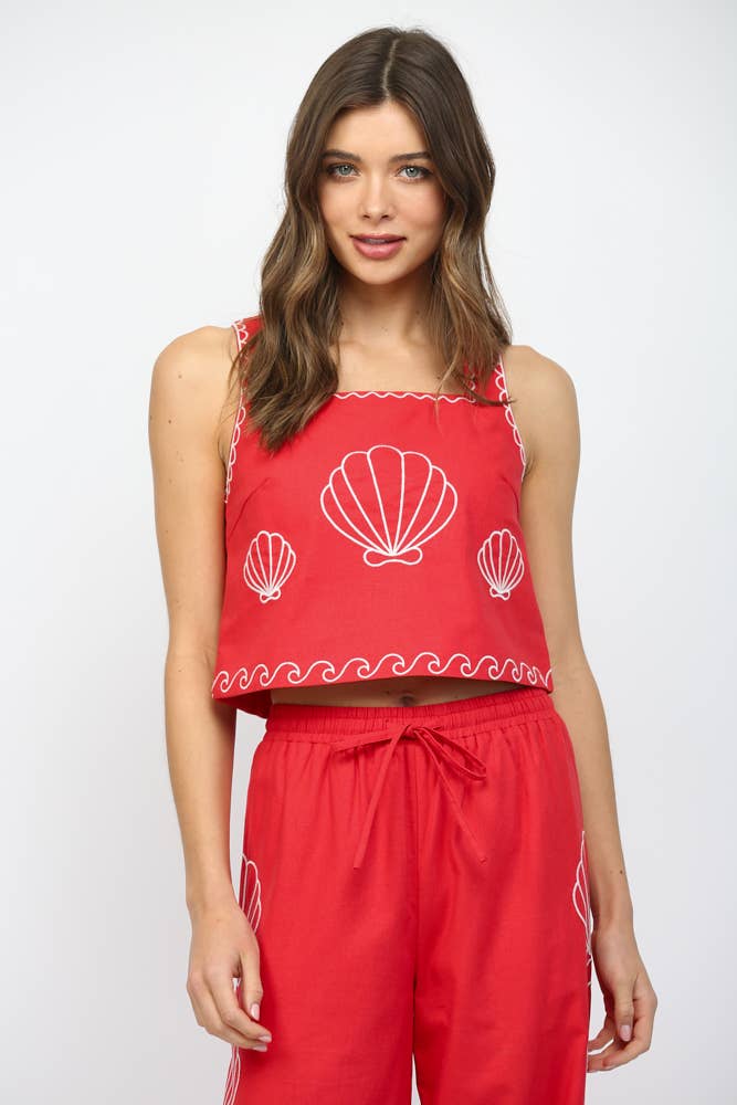 SHEA SHELL EMBROIDERED SQUARED NECKLINE CROPPED TOP FT21293