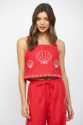 SHEA SHELL EMBROIDERED SQUARED NECKLINE CROPPED TOP FT21293