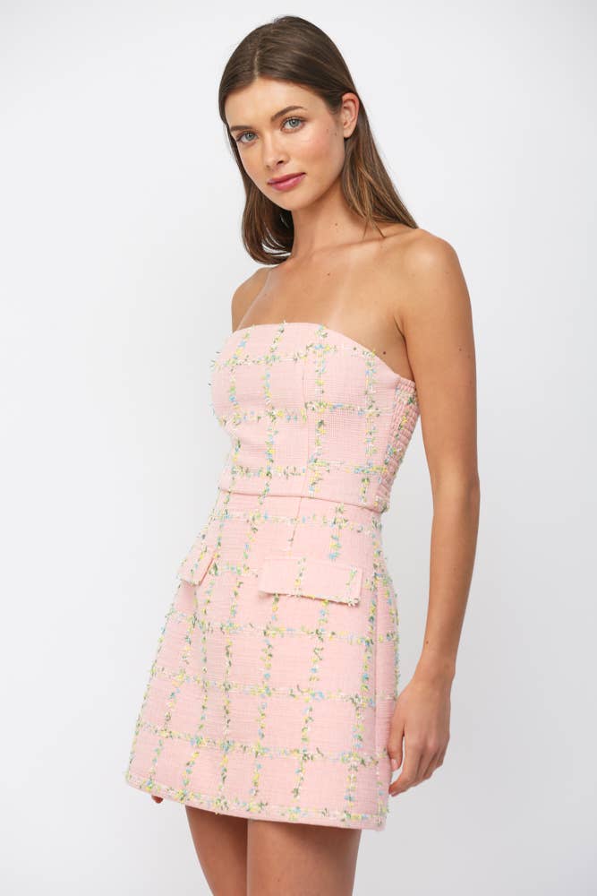 STRAPLESS TWEED DRESS WITH FRONT FAUX POCKETS  FD31394