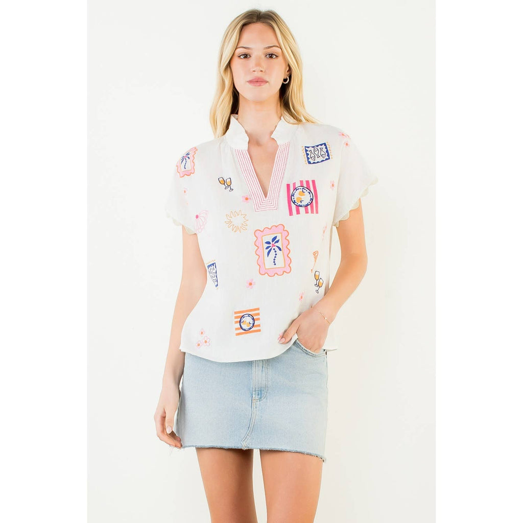 Short Sleeve Embroidery Detail Top