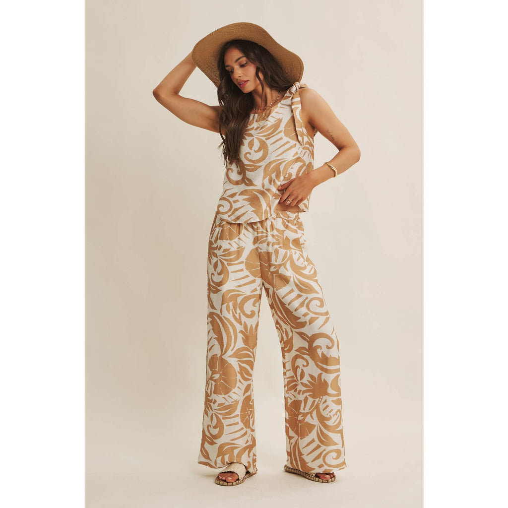 EURO SUMMER ISLAND FOLIAGE AIRY WIDE-LEG PANTS IN WARM LATTE