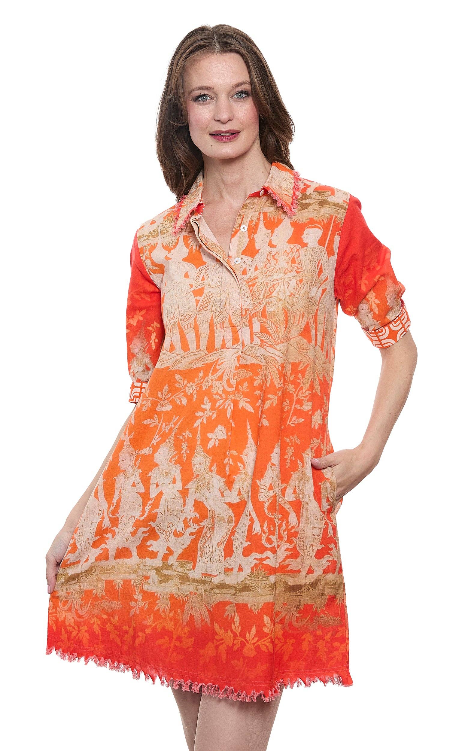 Chatham Dress Thai Dancers Orange and Gold Cotton Linen