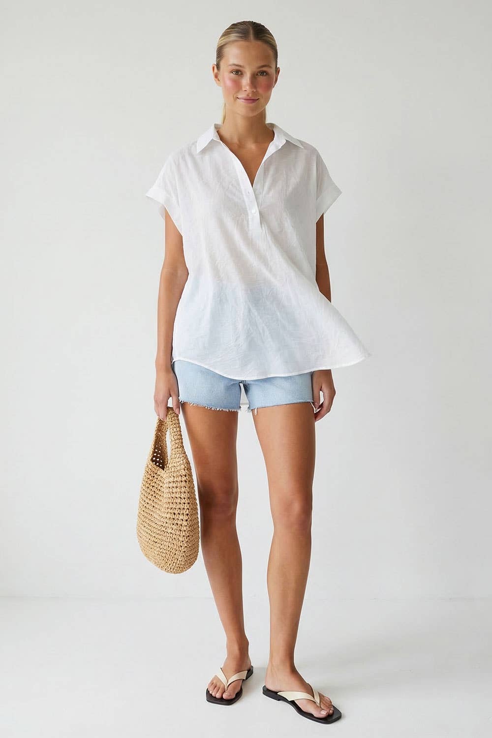 Cotton Short Sleeve Popover Blouse