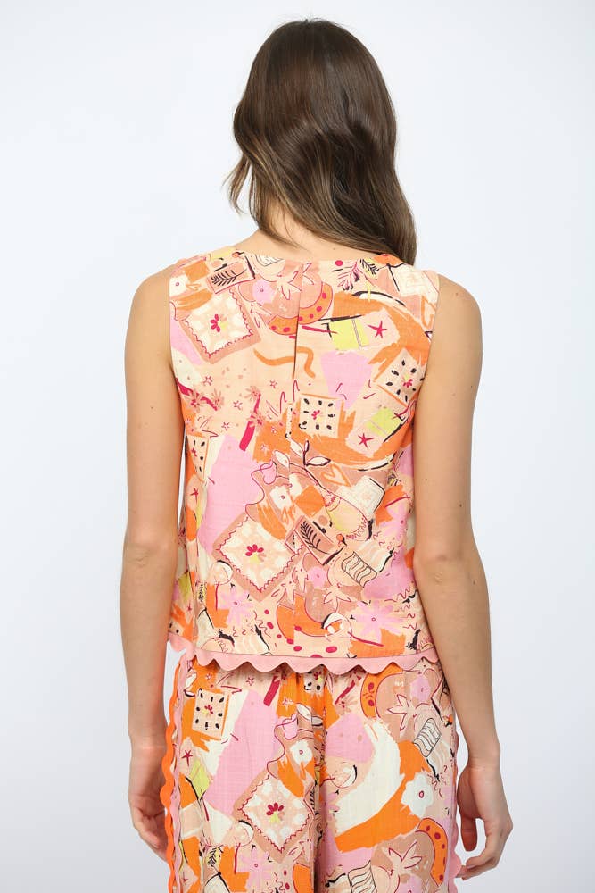 RIC-RAC TRIMMED ABSTRACT PRINT LINEN BLEND SLVL Set