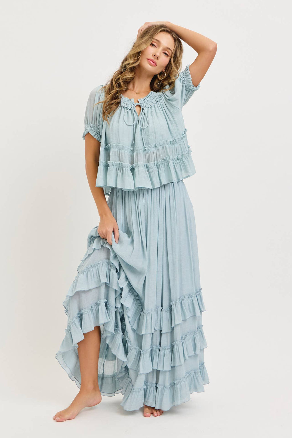 EASY FLOWY TIERED RUFFLE MAXI SKIRT