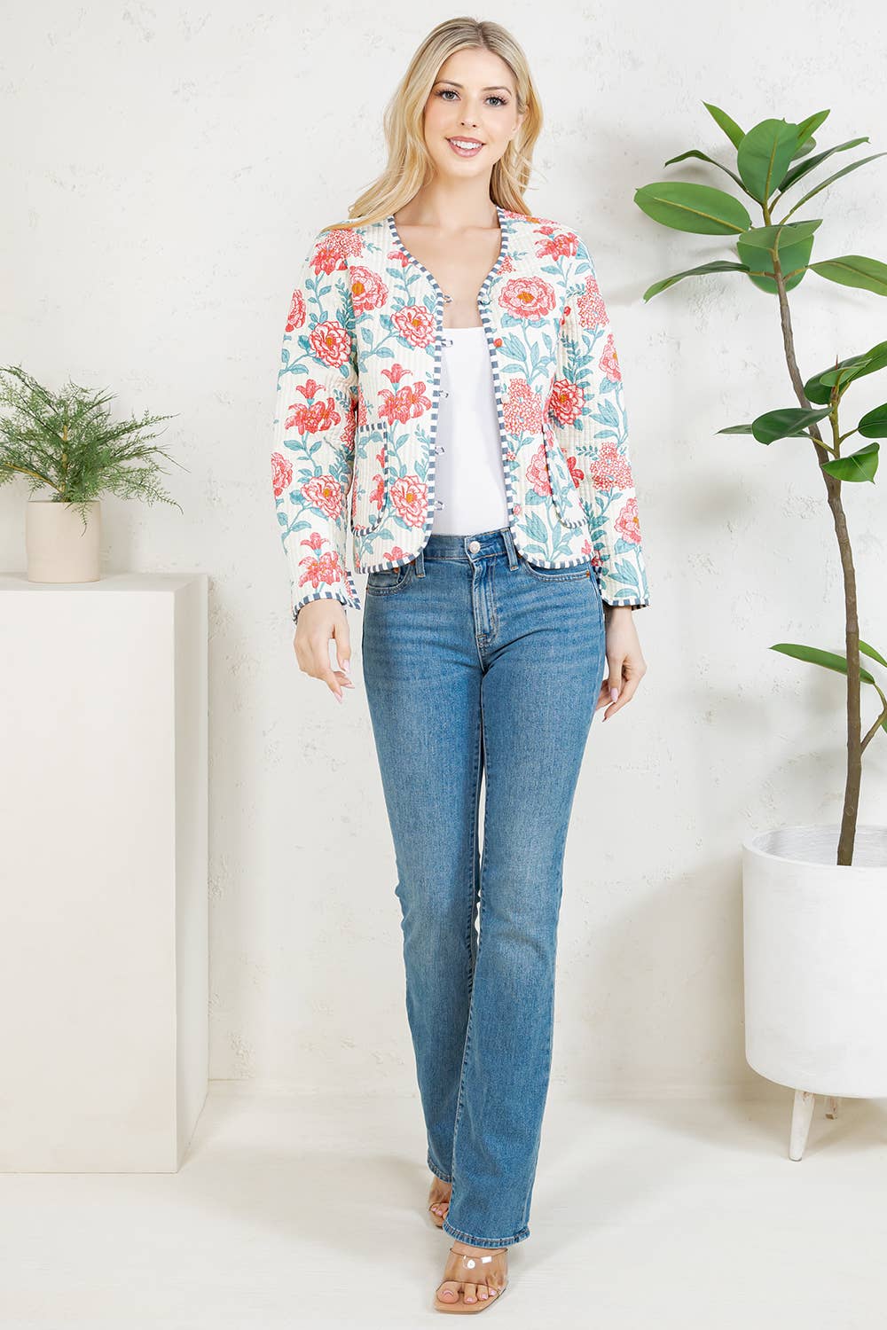 Floral Print Quilted Cotton Jacket - WHITE