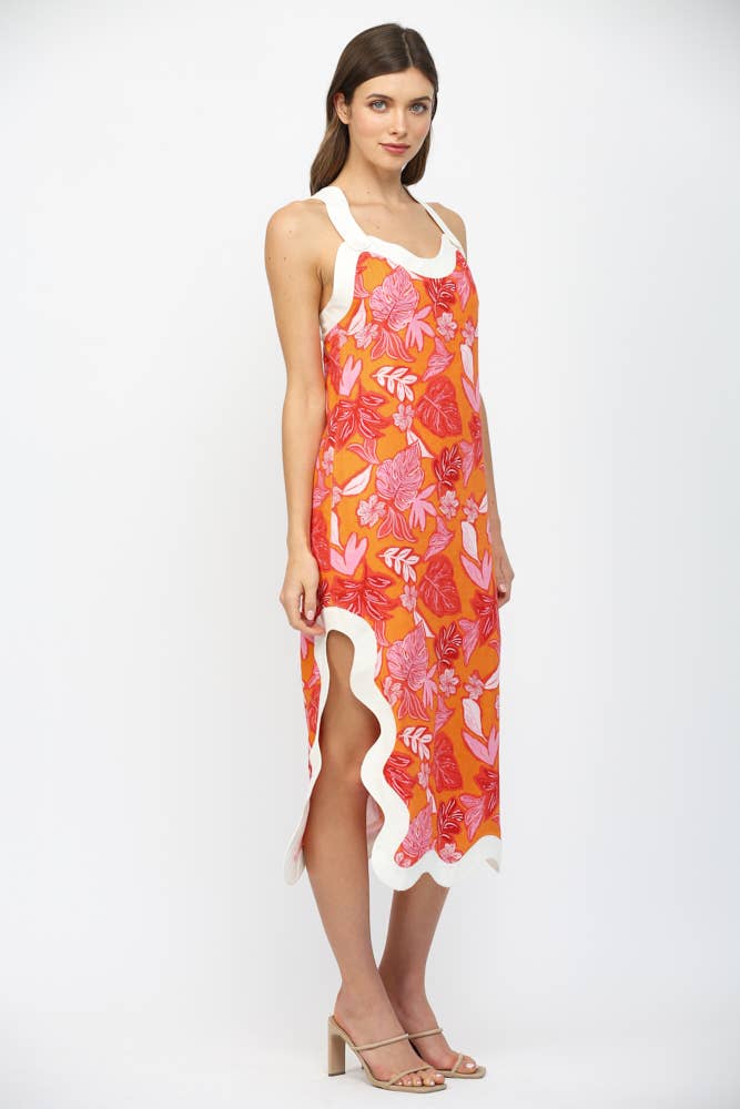WAVY EDGE TROPICAL PRINT LINEN BLEND SLVL MIDI DRESS FD35906
