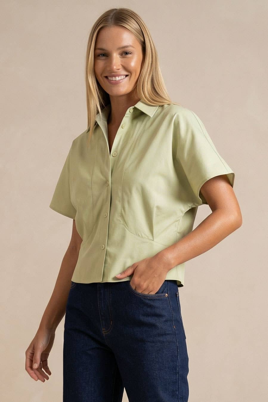 Tailored Taffeta Short Sleeve Blouse