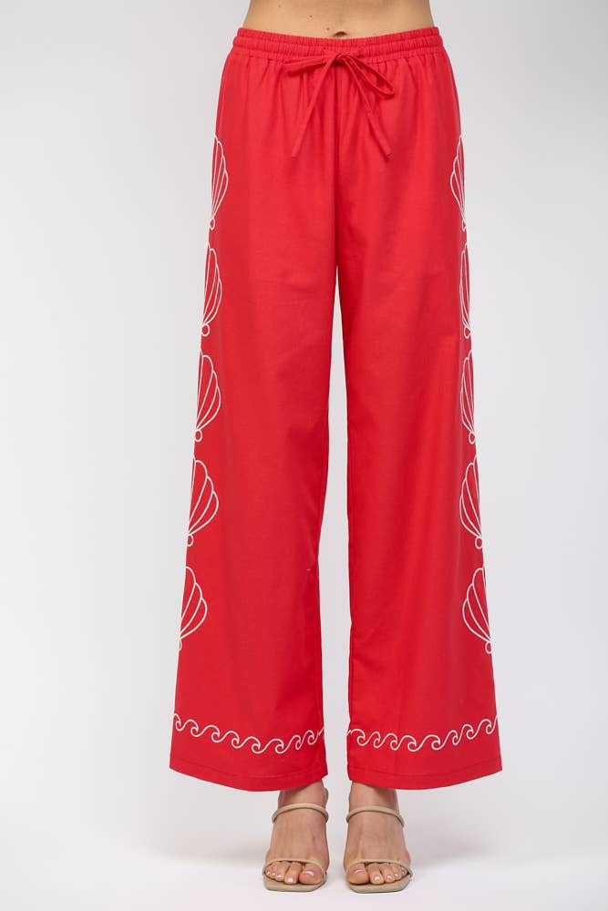 SEA SHELL EMBROIDERED ELASTIC WAIST BAND PANTS FP61120