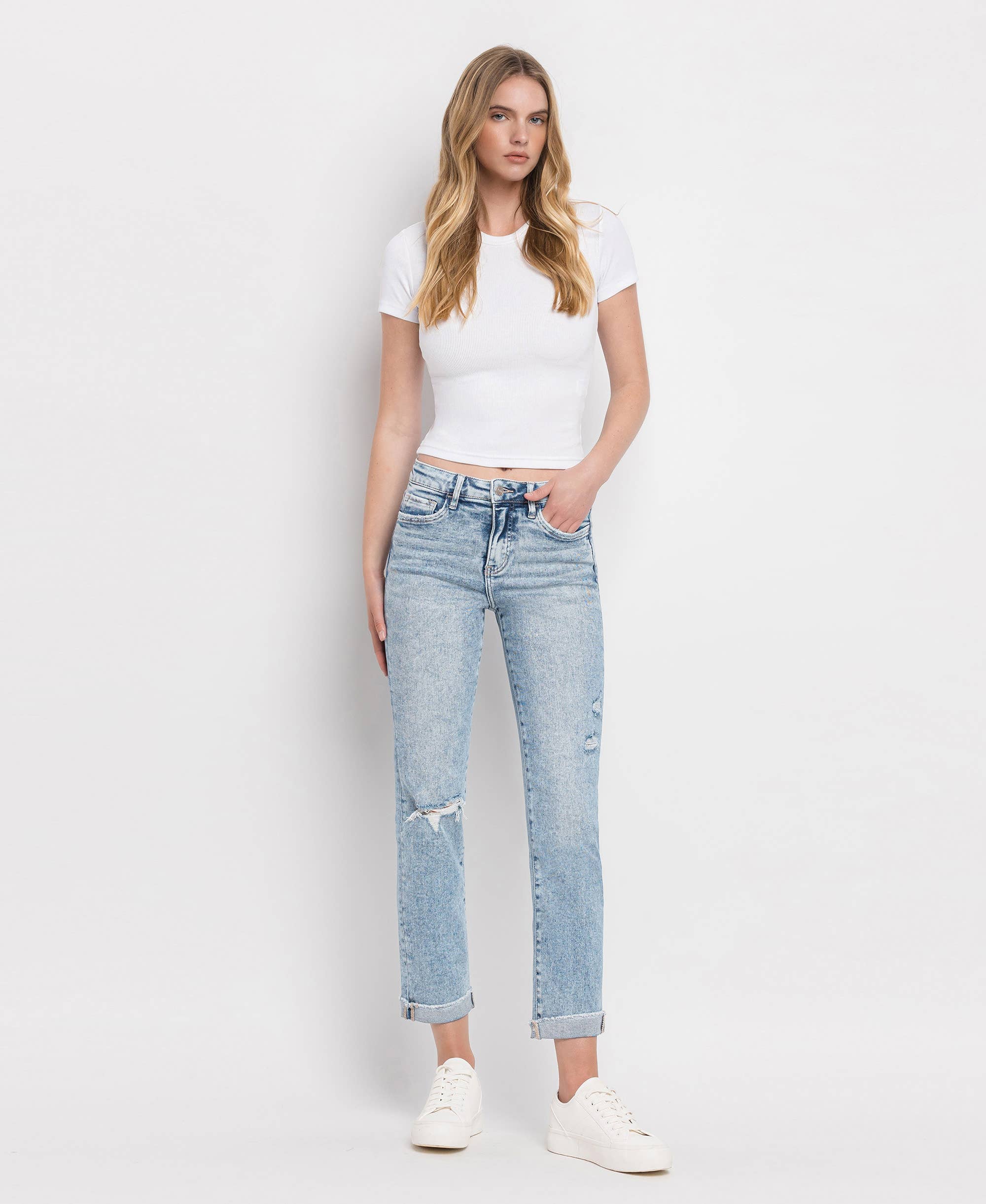 TUMMY CONTROL HIGH RISE CUFF SLIM STRAIGHT JEANS LV1302