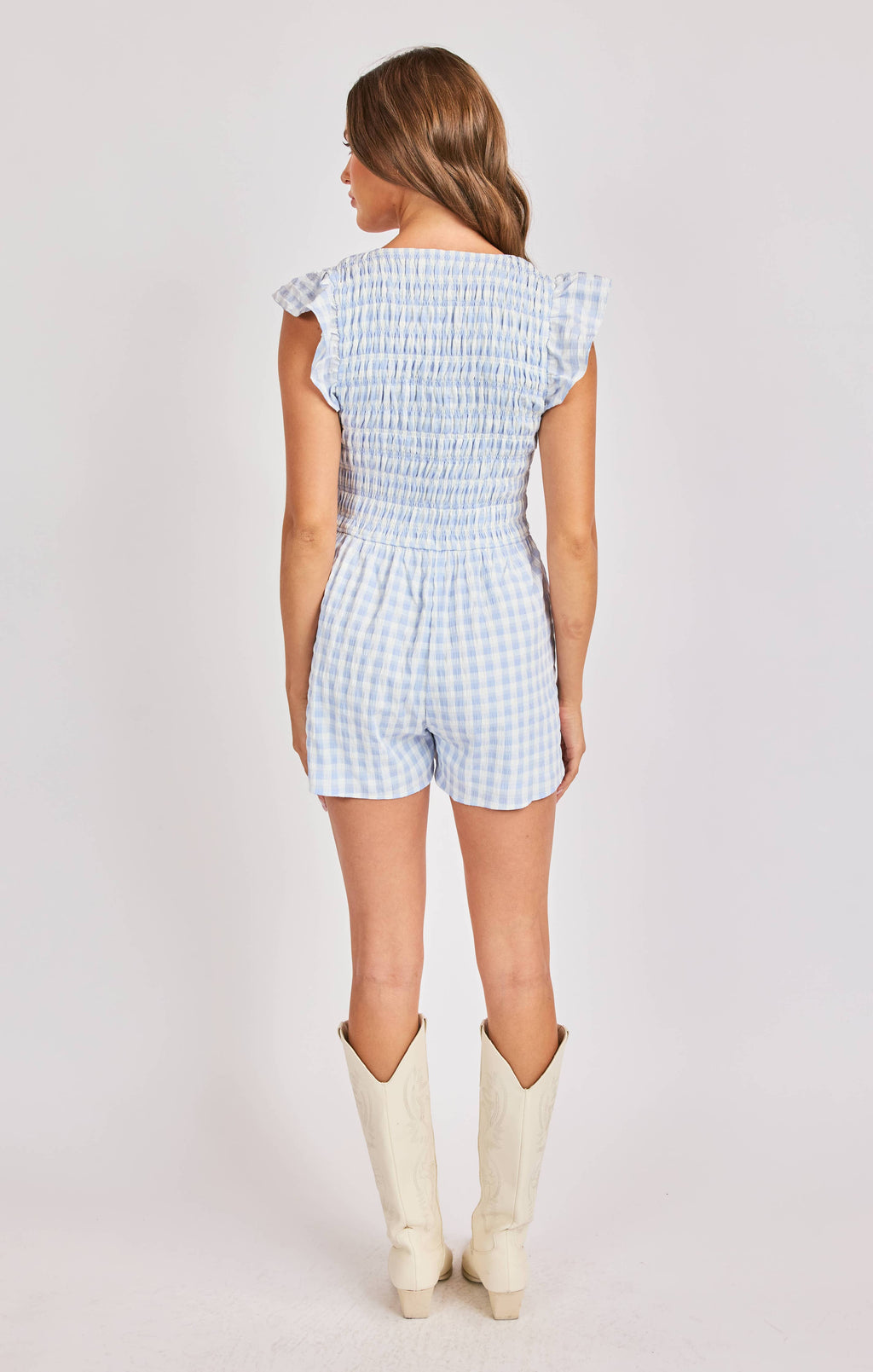 Starlet Gingham Romper:SKY BLUE