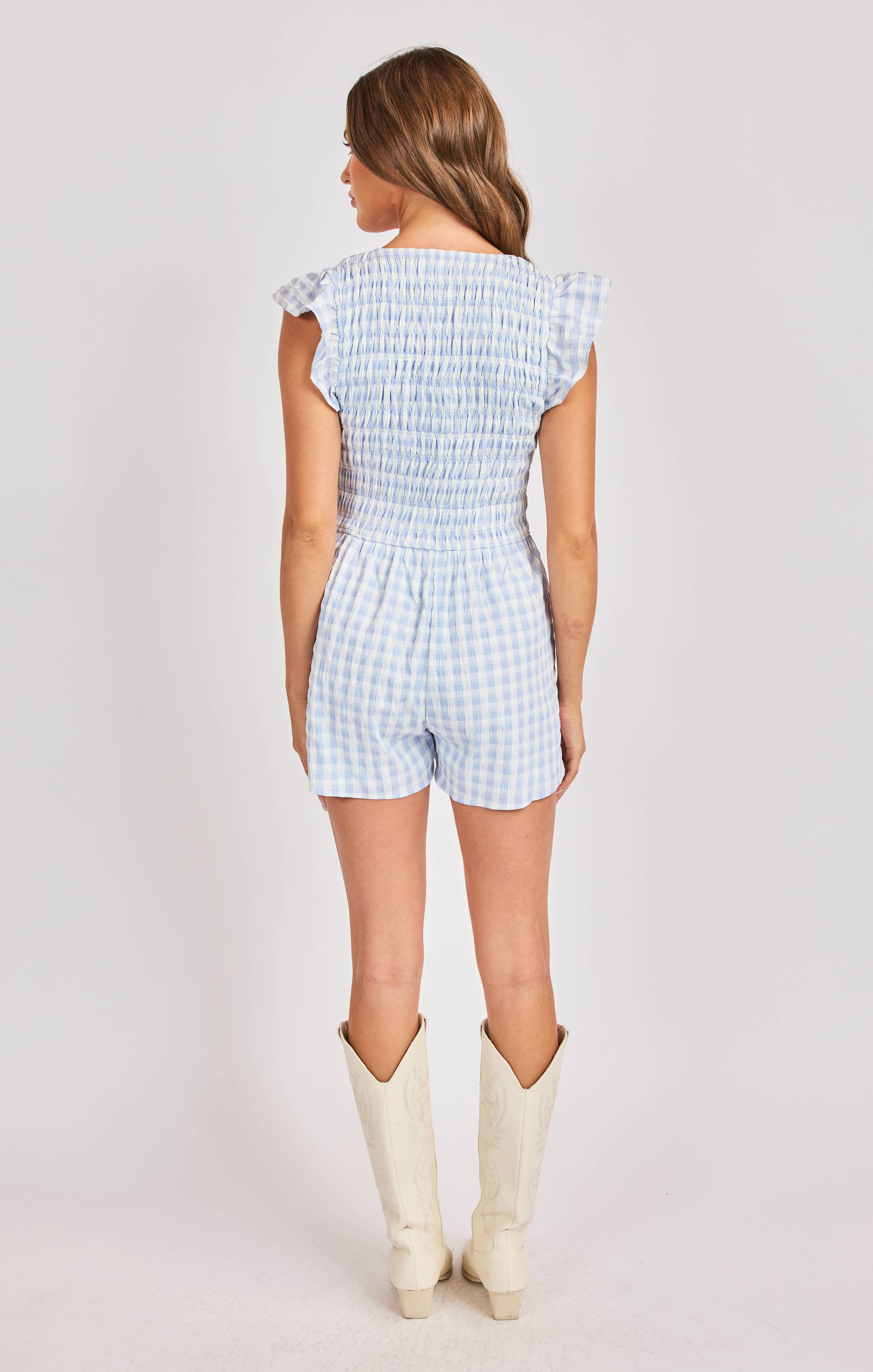 Starlet Gingham Romper:SKY BLUE