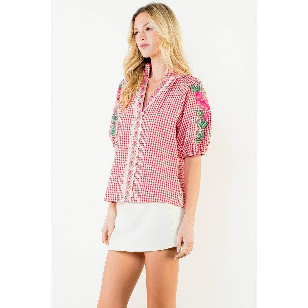 Embroidery Detail Puff Sleeve Gingham V-Neck Top