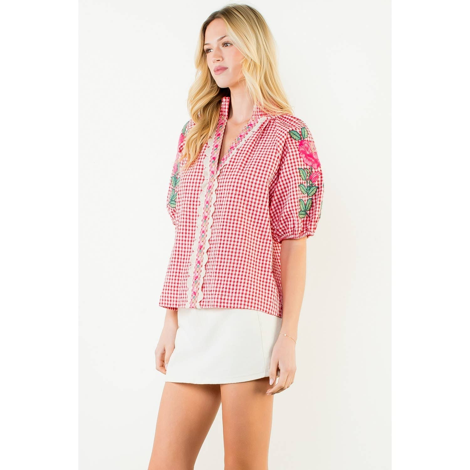 Embroidery Detail Puff Sleeve Gingham V-Neck Top