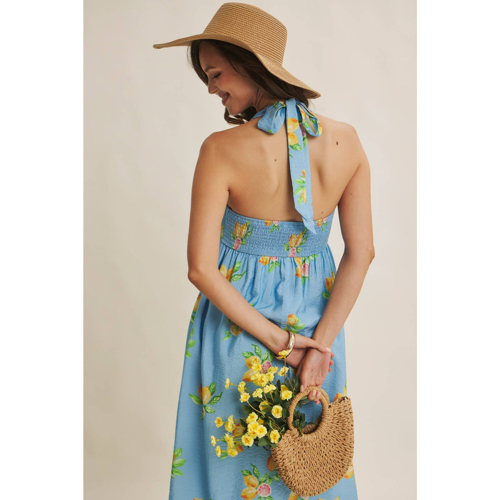 AMALFI COAST VIBE SMOCKED FLARE HALTER LEMON MIDI DRESS