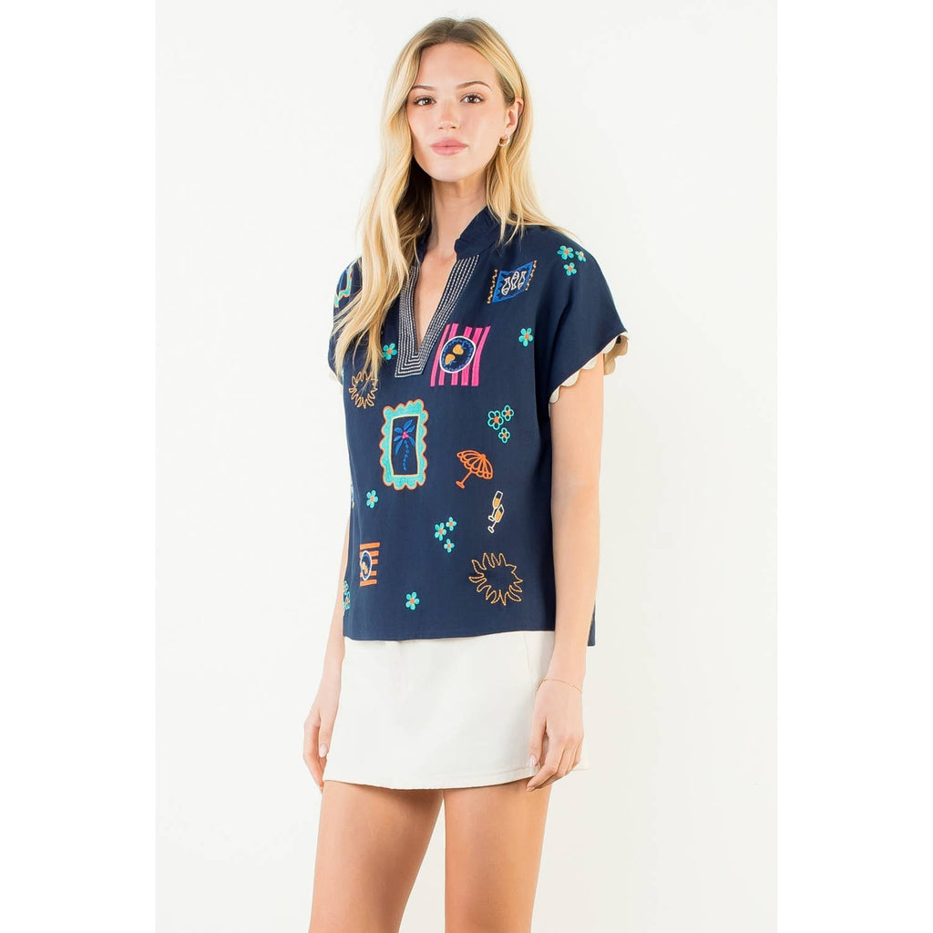 Short Sleeve Embroidery Detail Top