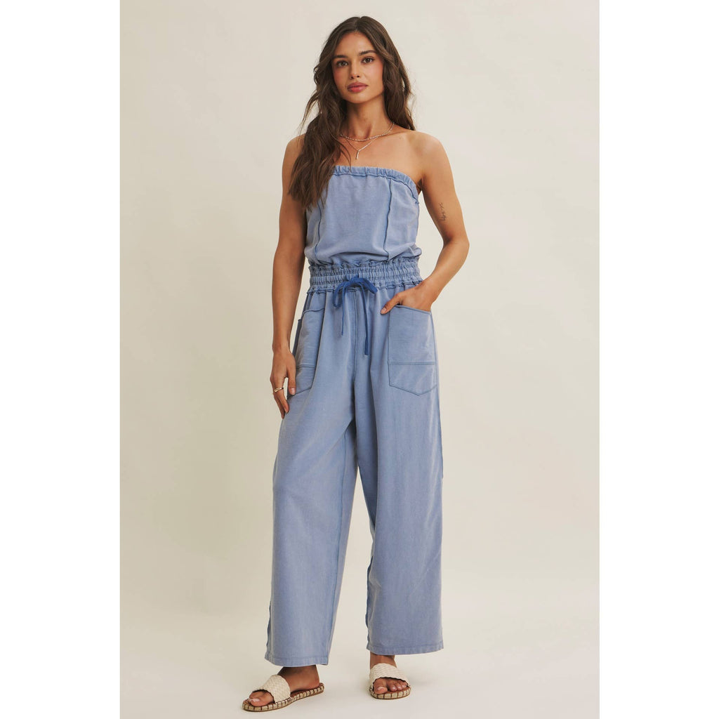 BEACH TOWN WEEKEND MINERAL-WASHED STRAPLESS JUMPSUIT