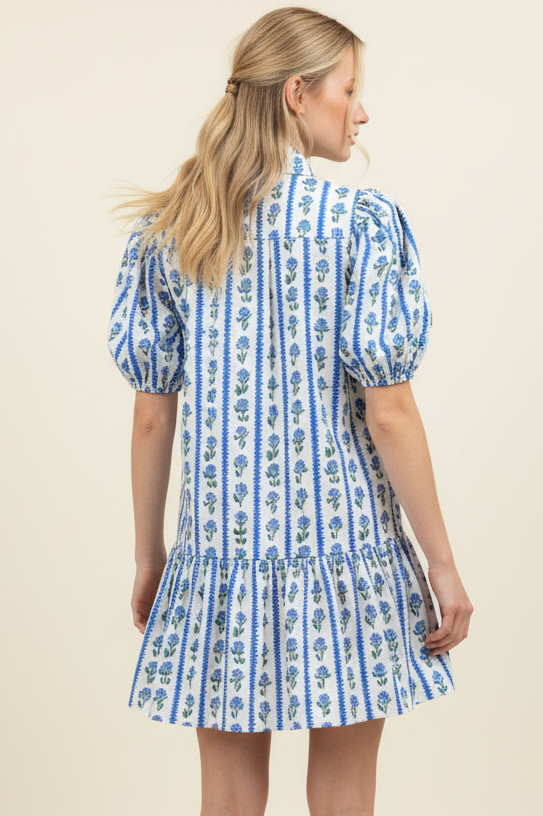 FLORAL STRIPE PUFFED SLEEVE MINI DRESS - 4450DK