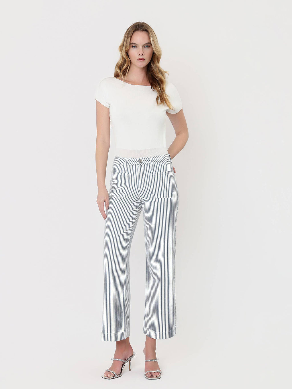 HIGH RISE PATCH POCKET CROP STRIPED WIDE LEG JEANS LV2292STR