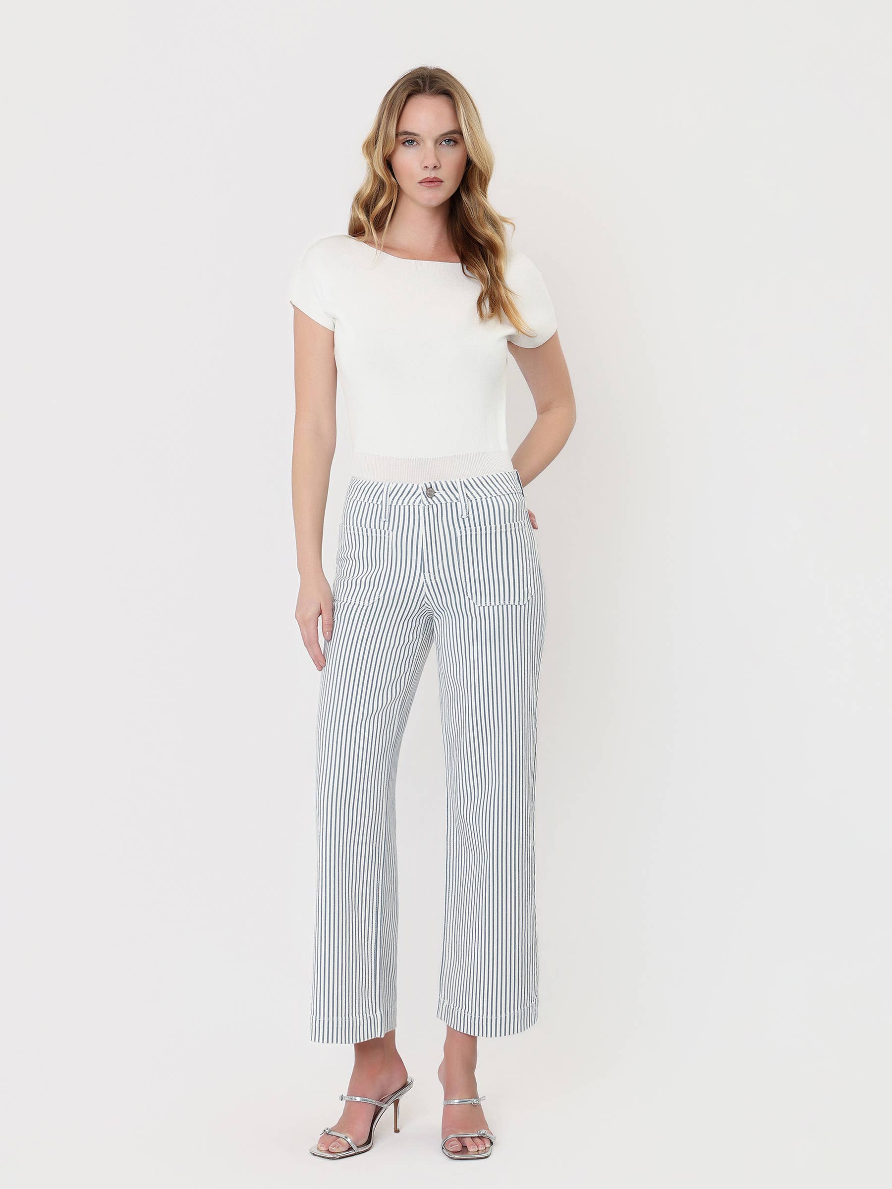 HIGH RISE PATCH POCKET CROP STRIPED WIDE LEG JEANS LV2292STR