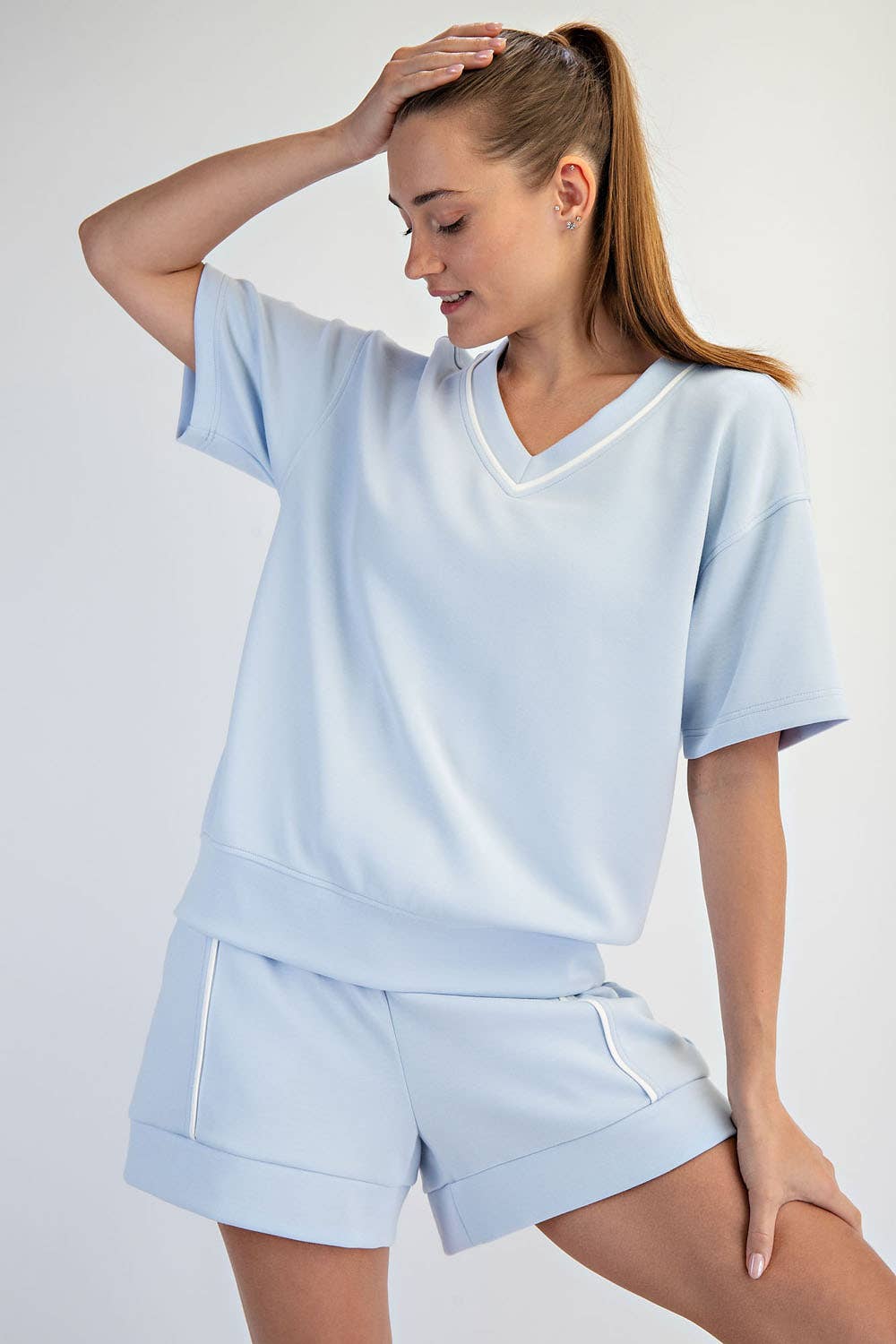 MODAL SCUBA V NECK FLAT PIPING SHORT SLEEVE TOP