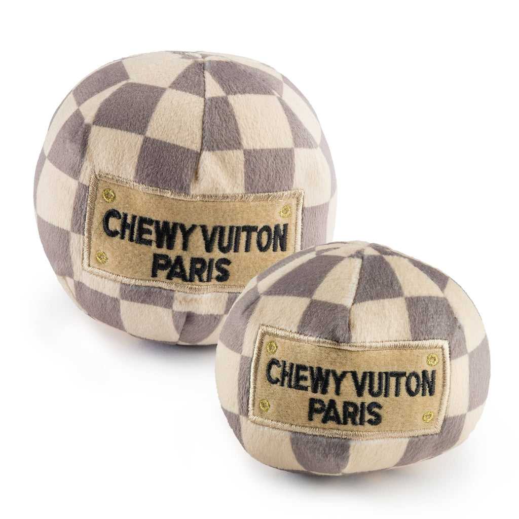Tan Checker Chewy Vuiton Ball Squeaker Dog Toy
