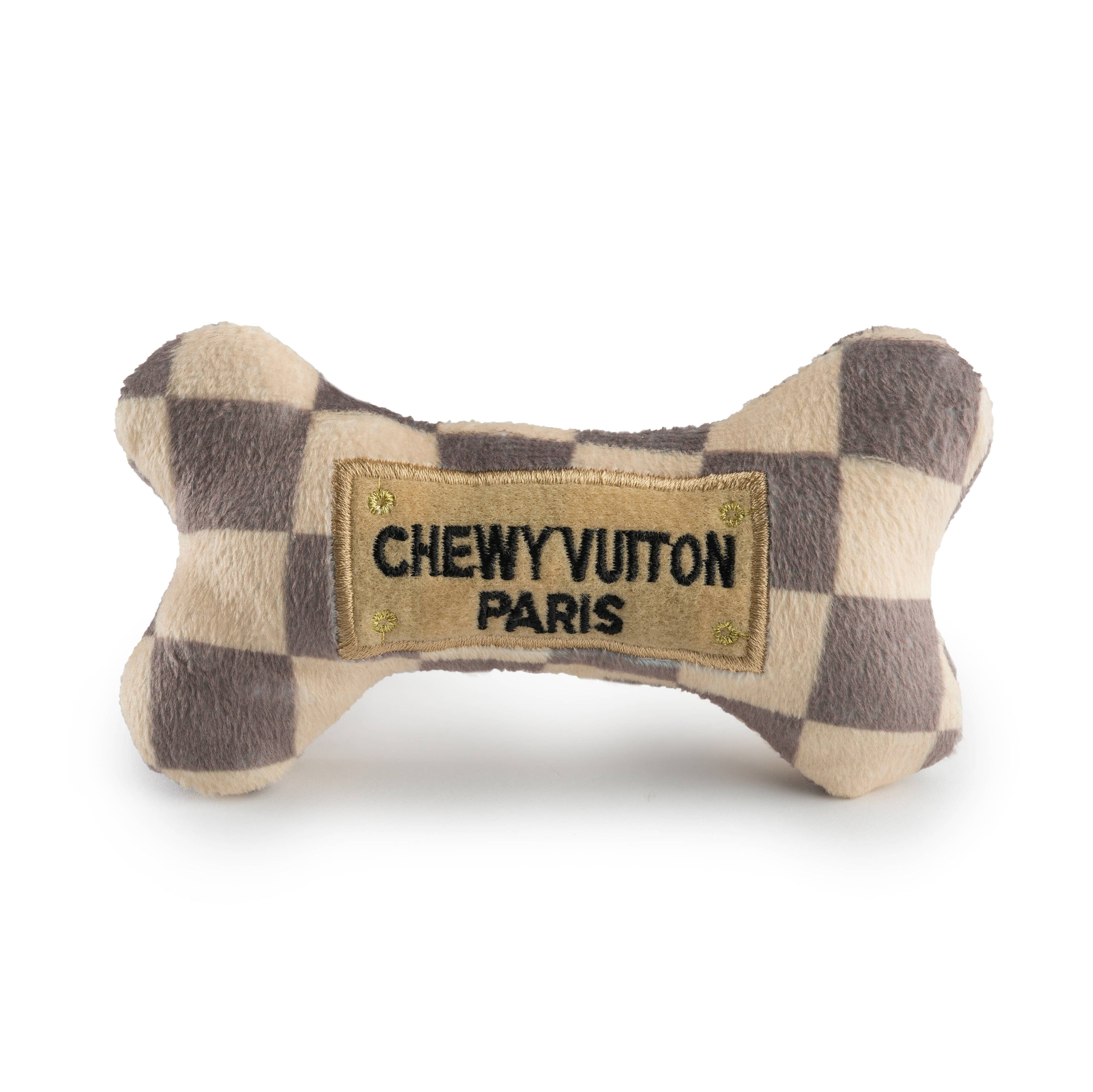 Tan Checker Chewy Vuiton Bones Squeaker Dog Toy