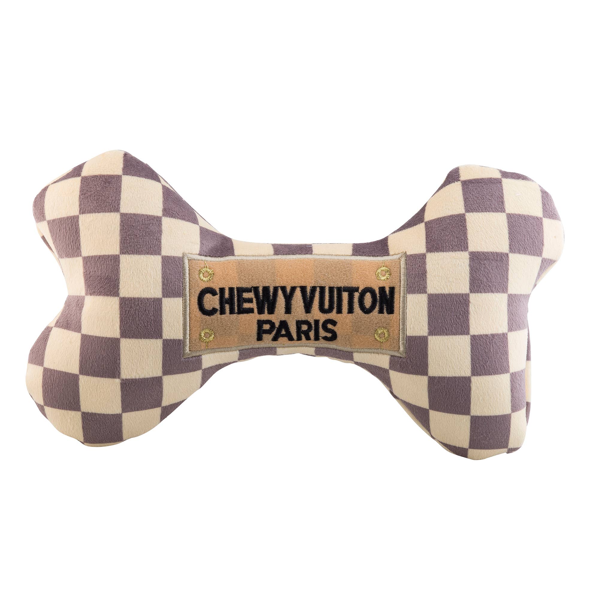 Tan Checker Chewy Vuiton Bones Squeaker Dog Toy