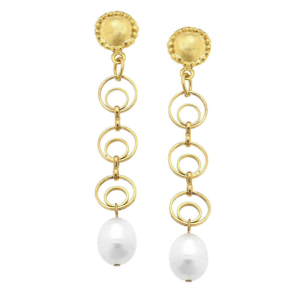 Gold Cab Round Chain and Genuine Freshwater Pearl Earrings