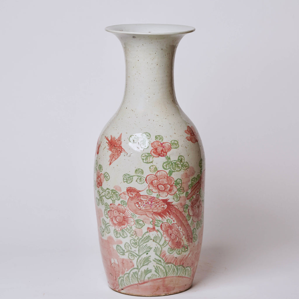 Large Pink and Green Bird and Flower Porcelain Mallet Vase