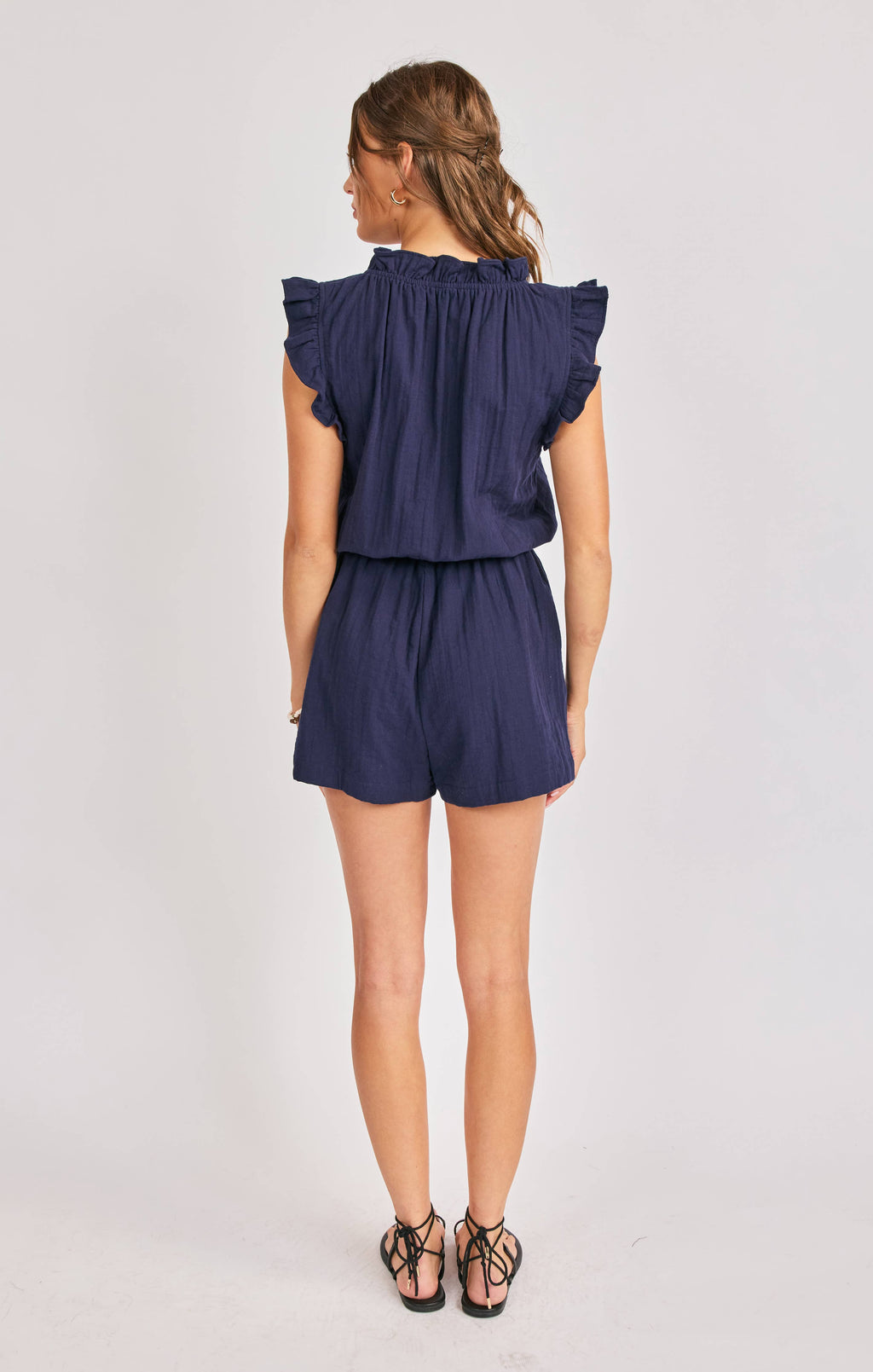 Lilah Ruffle Sleeve Romper:NAVY
