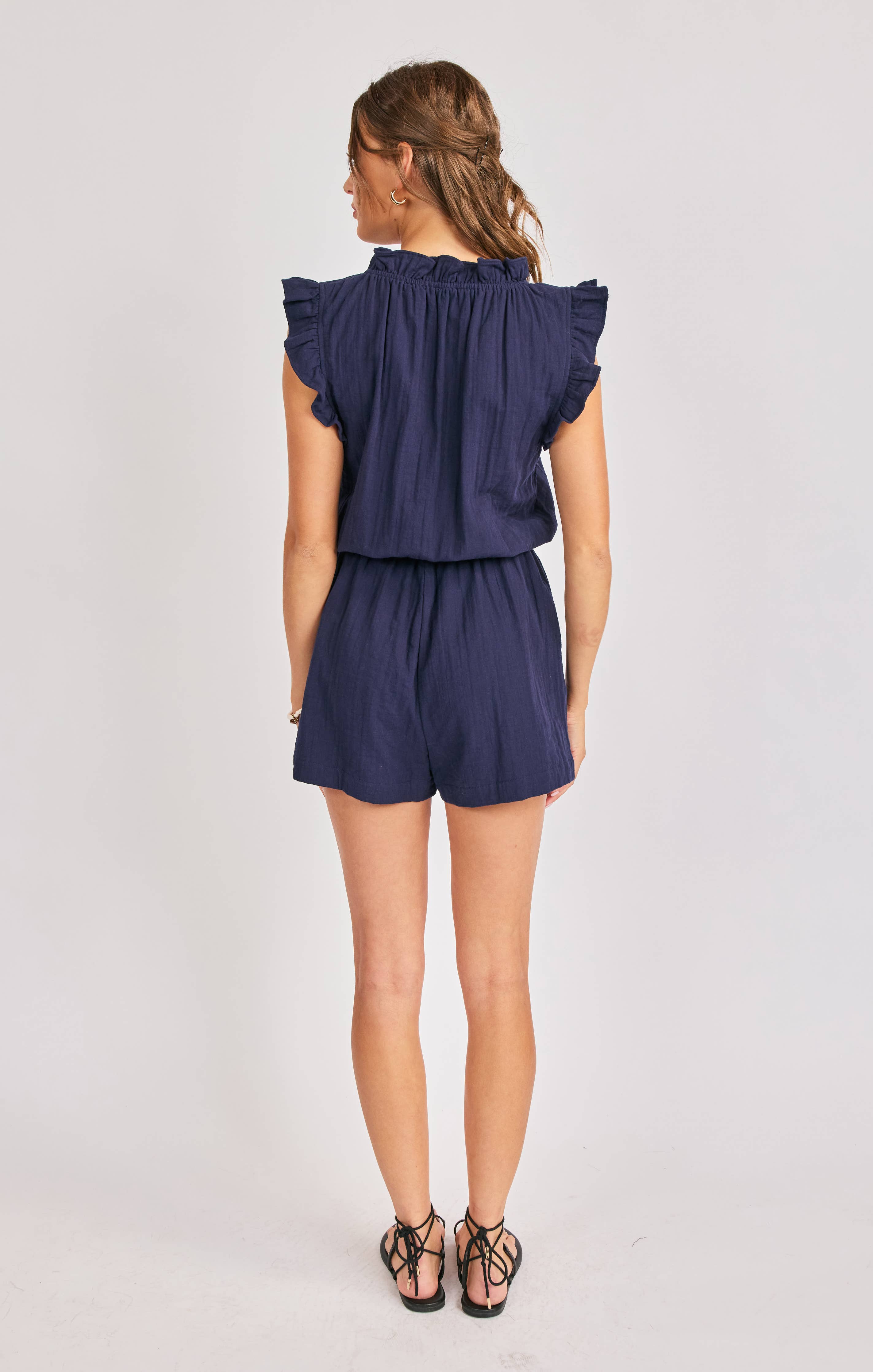 Lilah Ruffle Sleeve Romper:NAVY