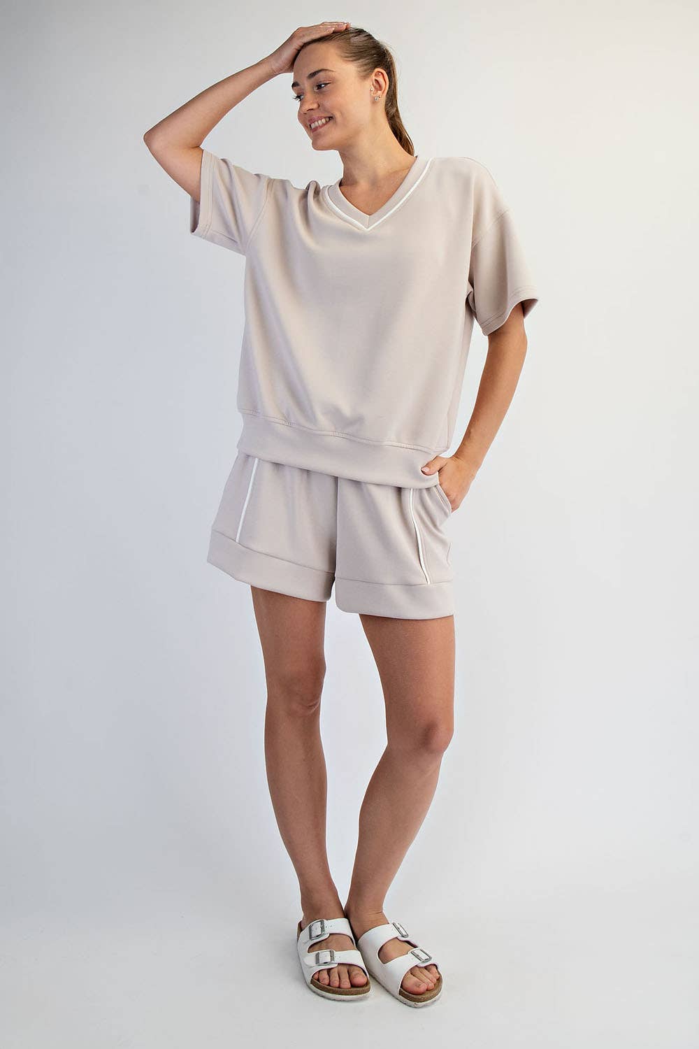 MODAL SCUBA V NECK FLAT PIPING SHORT SLEEVE TOP