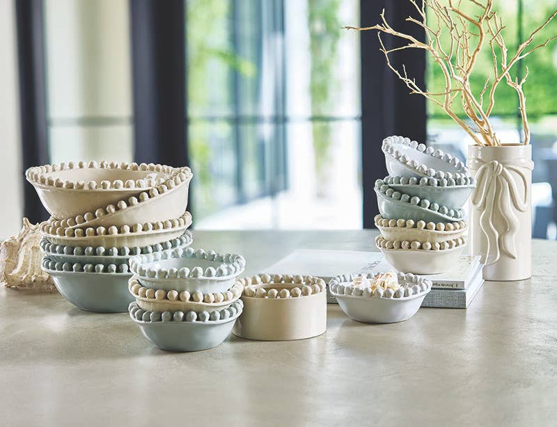 Ceramic Beaded Bowl - Large - Coastal Blue