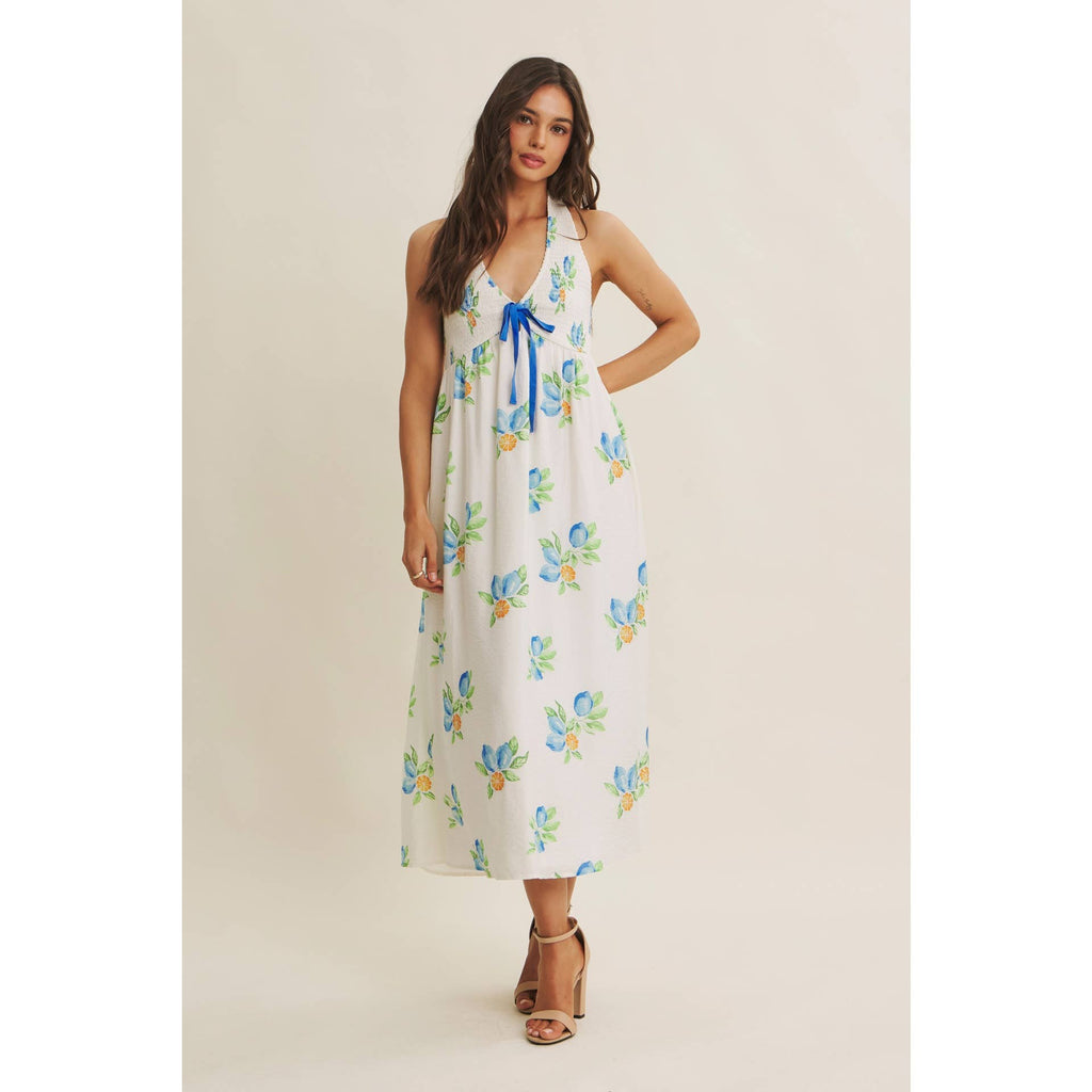 AMALFI COAST VIBE SMOCKED FLARE HALTER LEMON MIDI DRESS