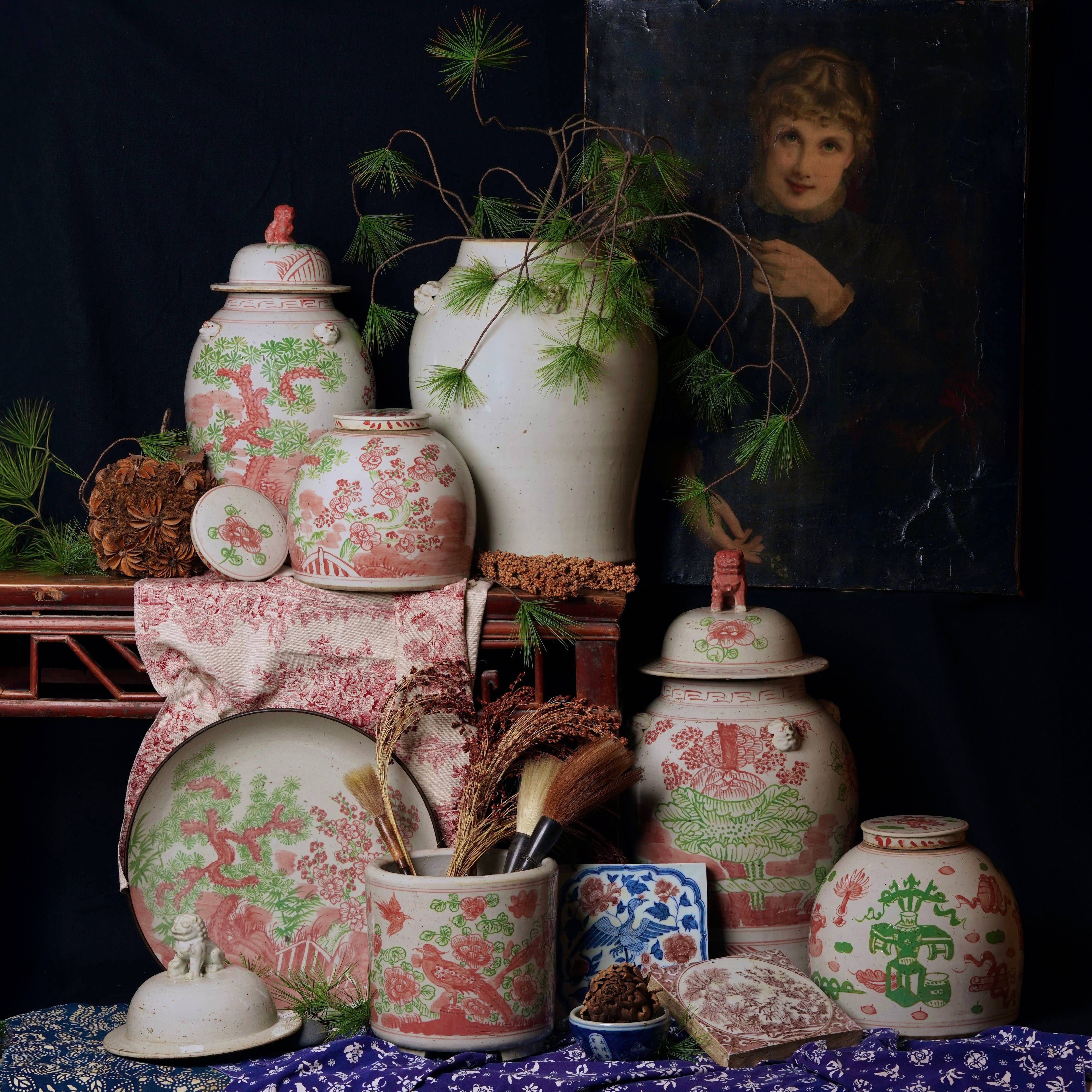 Pink and Green Porcelain Three Friends Temple Jar