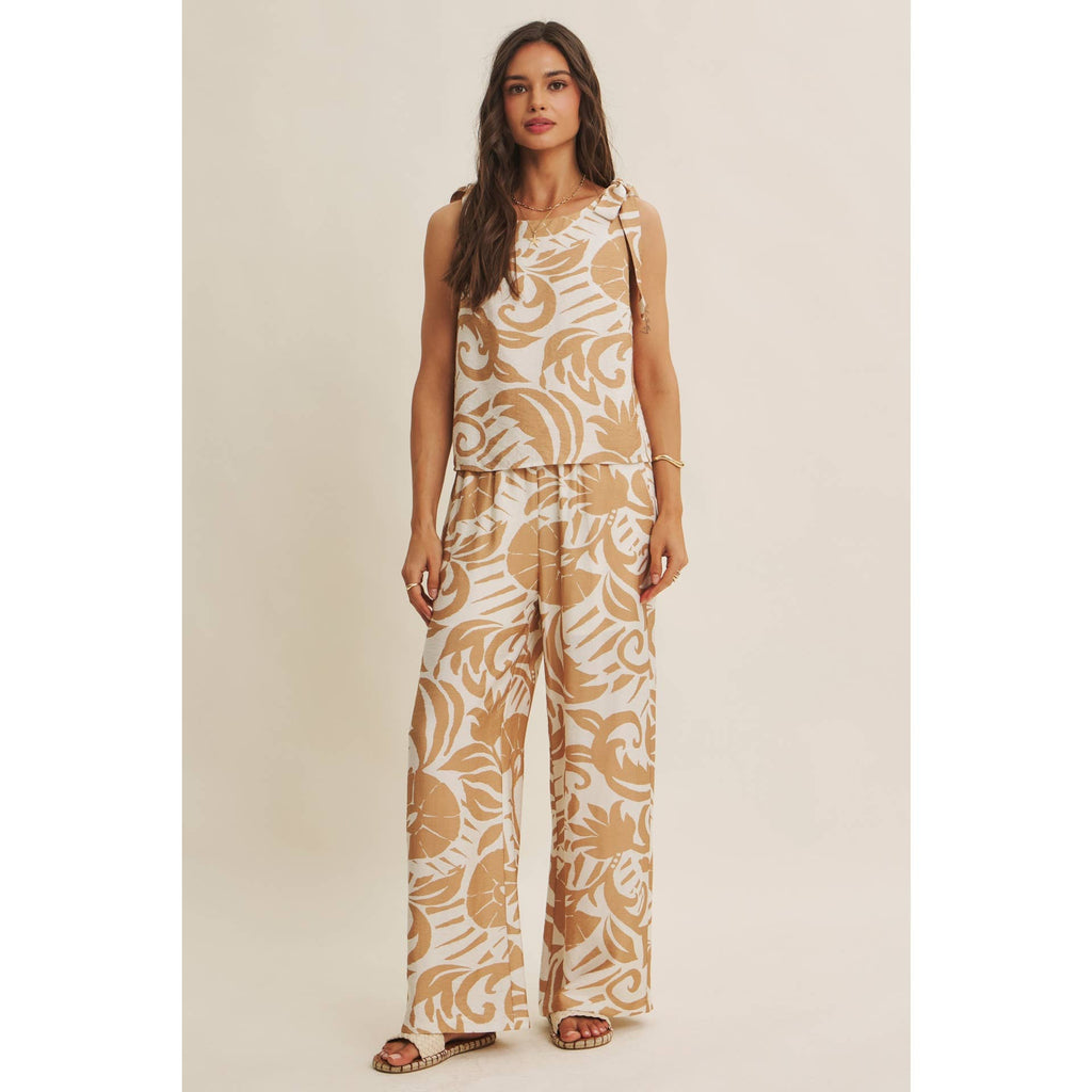 EURO SUMMER ISLAND FOLIAGE AIRY WIDE-LEG PANTS IN WARM LATTE