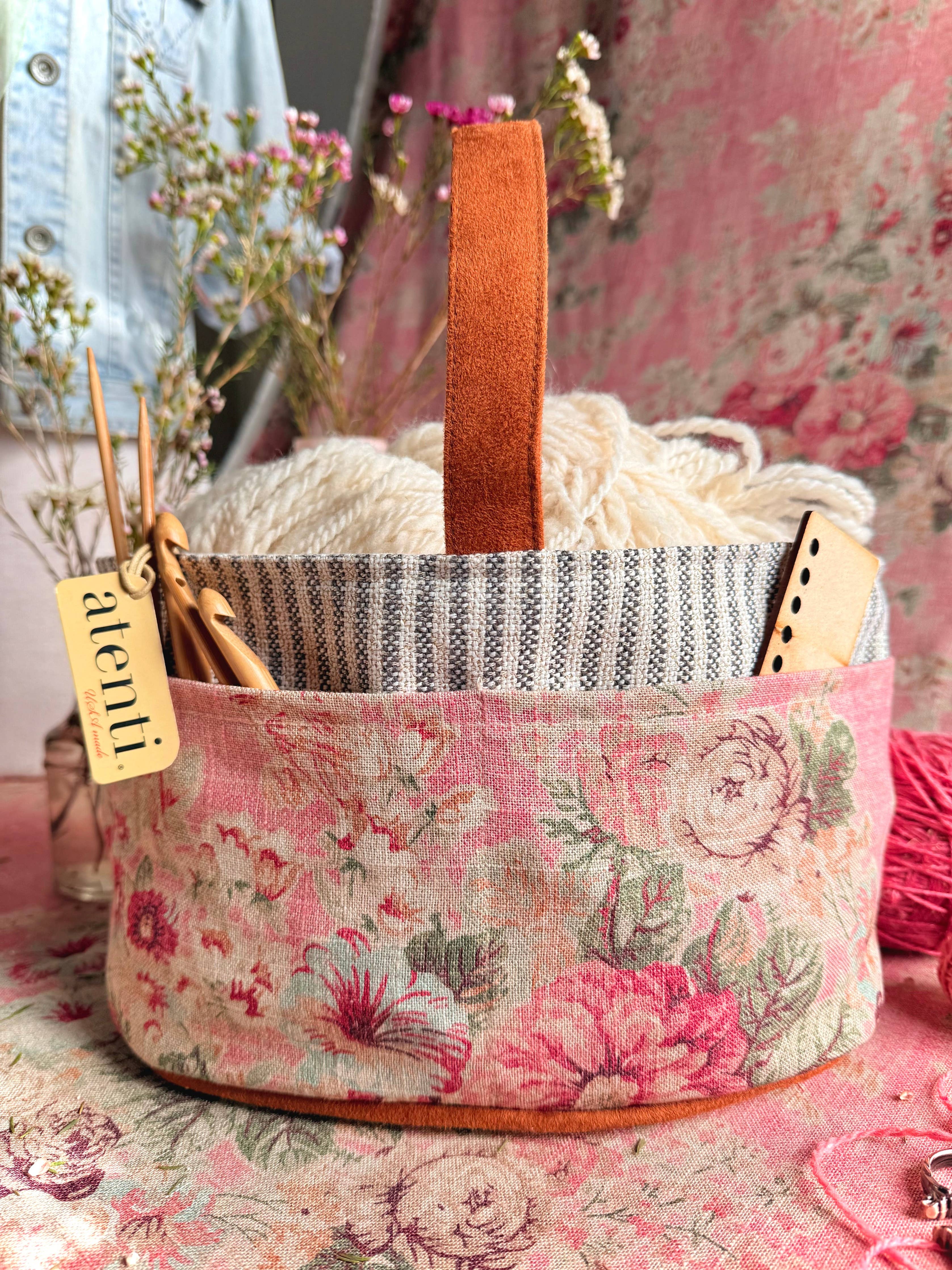 Rosewood Caddy– Handmade USA Floral Yarn & Notions Organizer, Atenti Project Bag