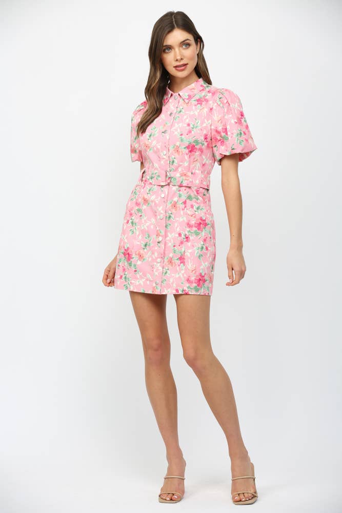 FLORAL PRINT BELTED  BUTTON DOWN MINI DRESS FD30553
