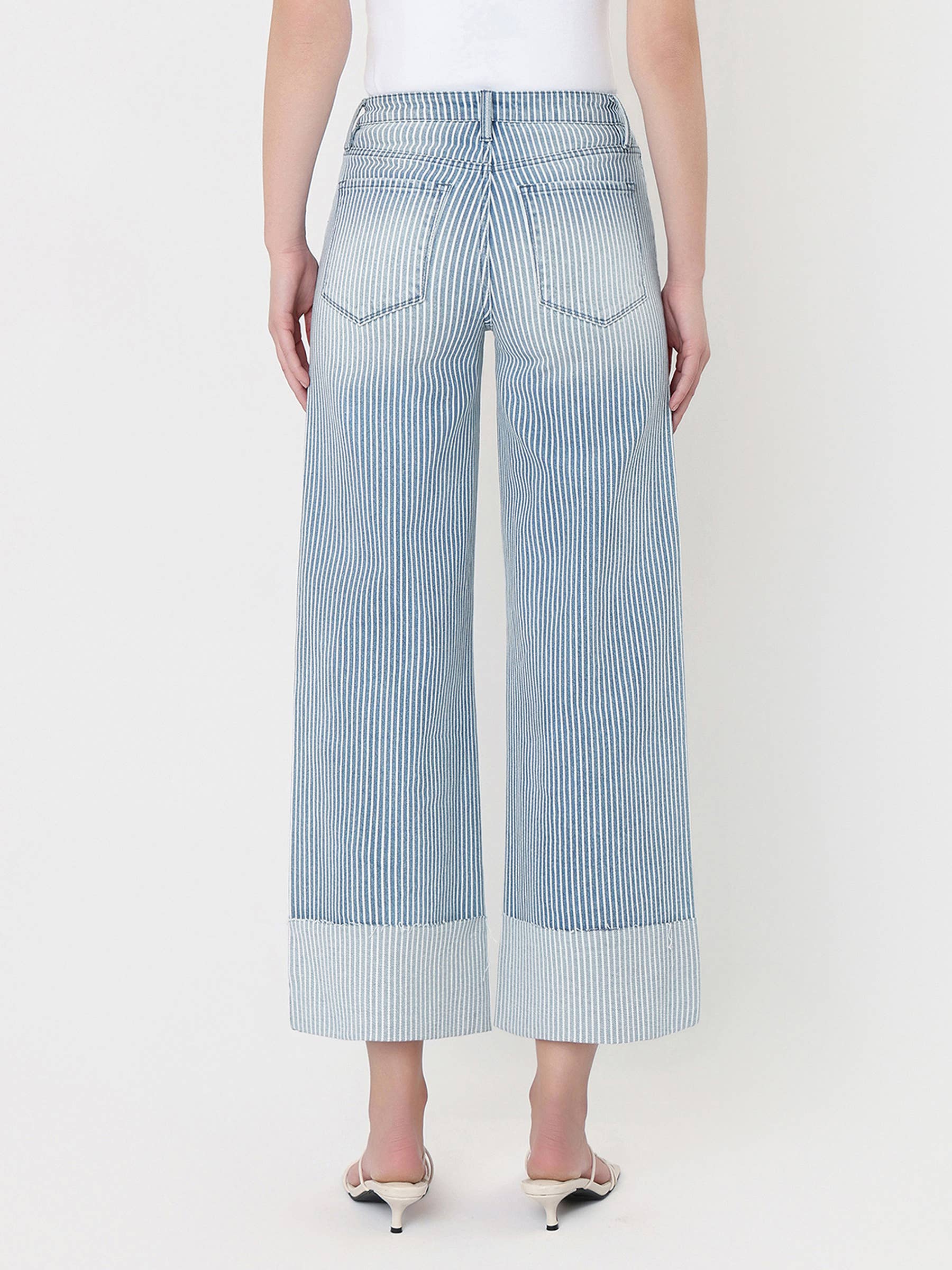 HIGH RISE CUFFED STRIPED CROP WIDE JEANS V3859STN
