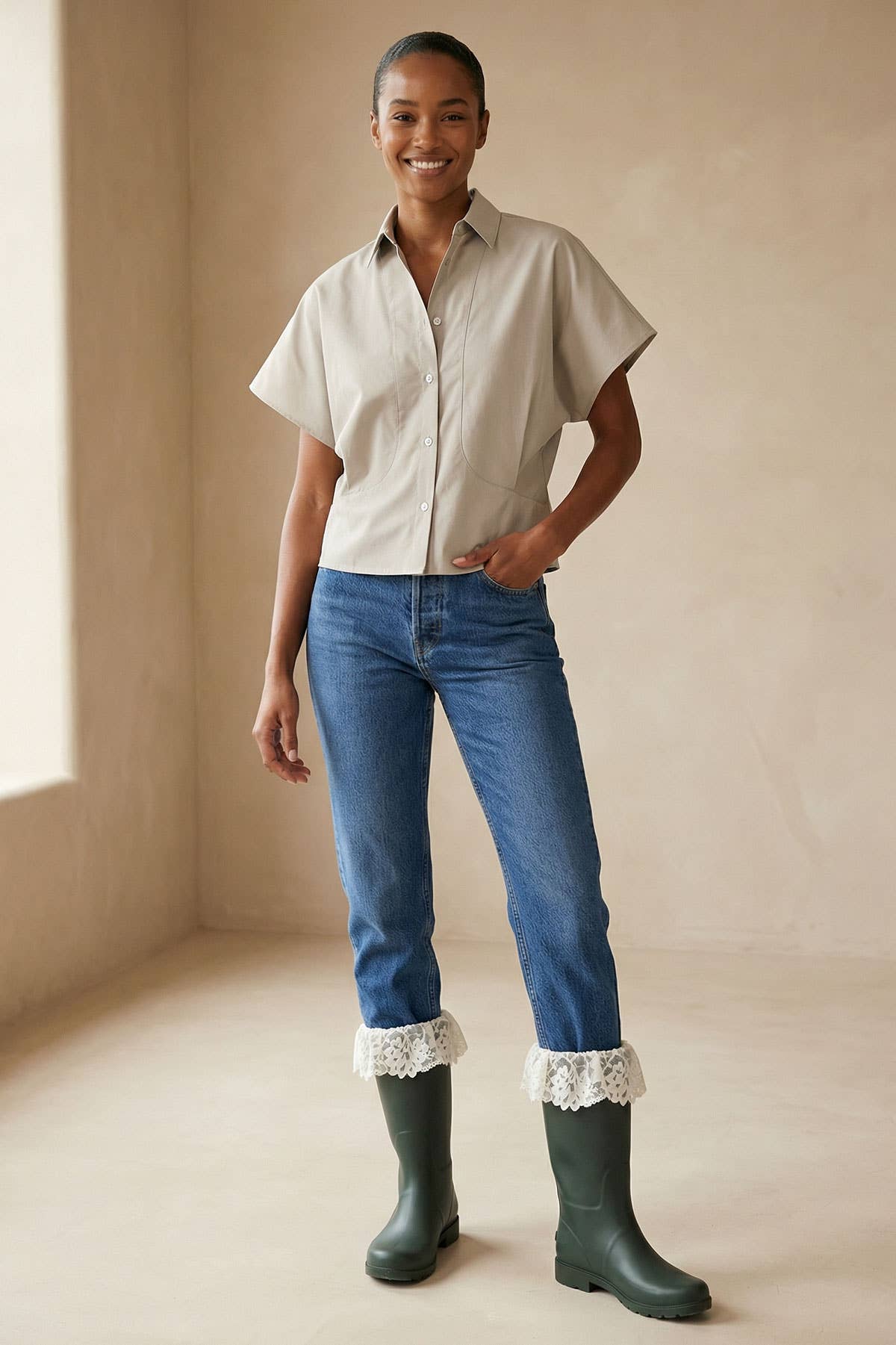 Tailored Taffeta Short Sleeve Blouse