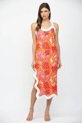 WAVY EDGE TROPICAL PRINT LINEN BLEND SLVL MIDI DRESS FD35906