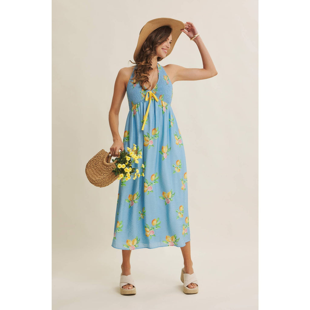 AMALFI COAST VIBE SMOCKED FLARE HALTER LEMON MIDI DRESS