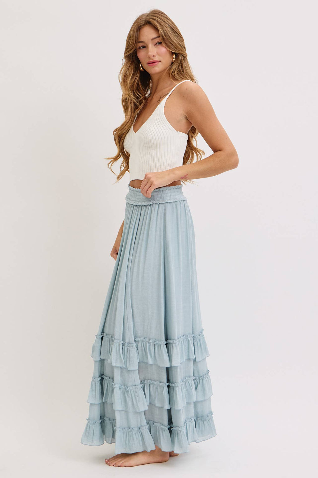 EASY FLOWY TIERED RUFFLE MAXI SKIRT