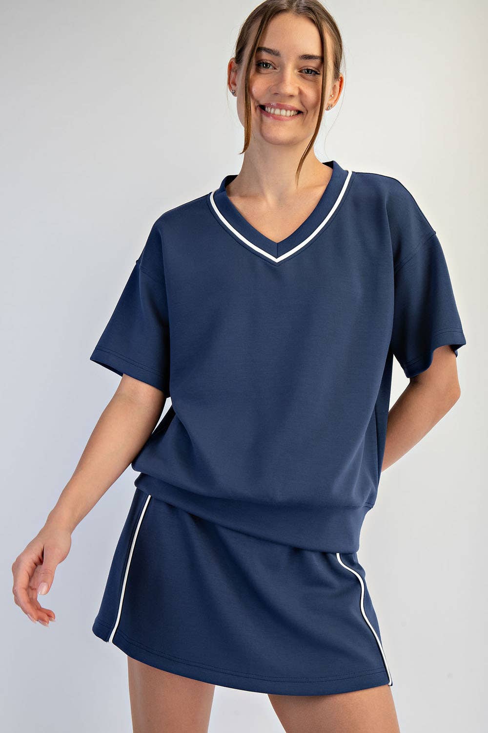 MODAL SCUBA V NECK FLAT PIPING SHORT SLEEVE TOP