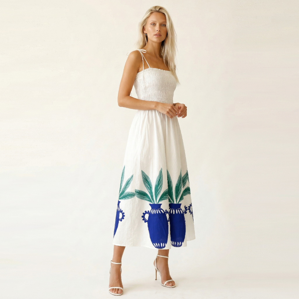 Mediterranean Muse Smocked Cotton Midi Dress - LWD3399