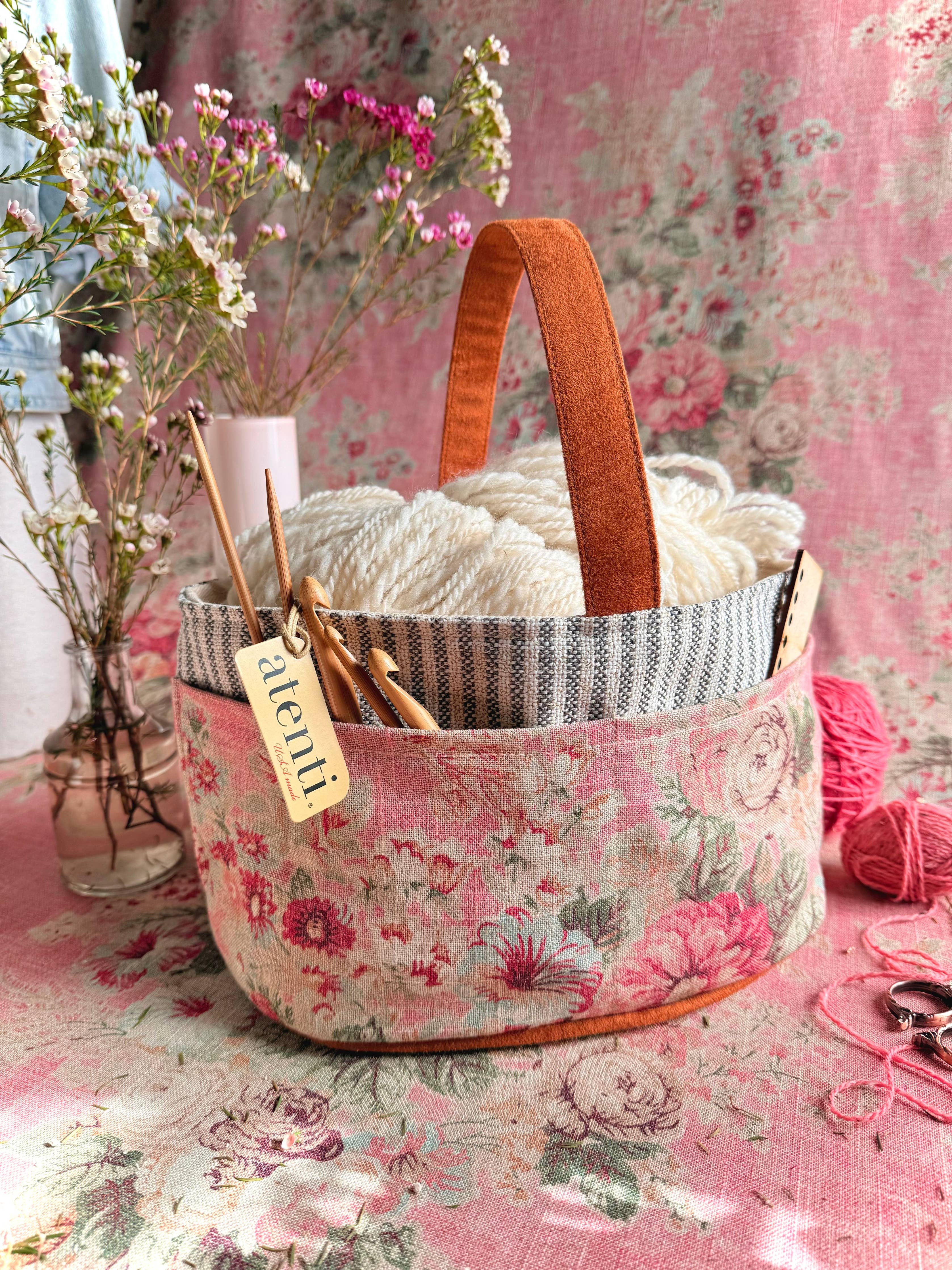 Rosewood Caddy– Handmade USA Floral Yarn & Notions Organizer, Atenti Project Bag