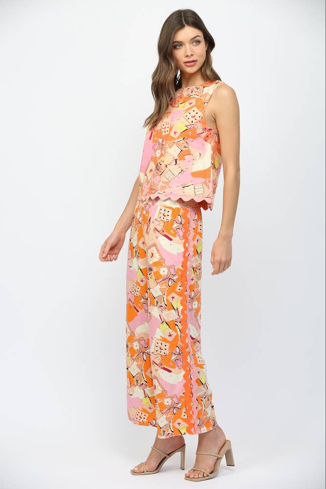 RIC-RAC TRIMMED ABSTRACT PRINT LINEN BLEND SLVL Set