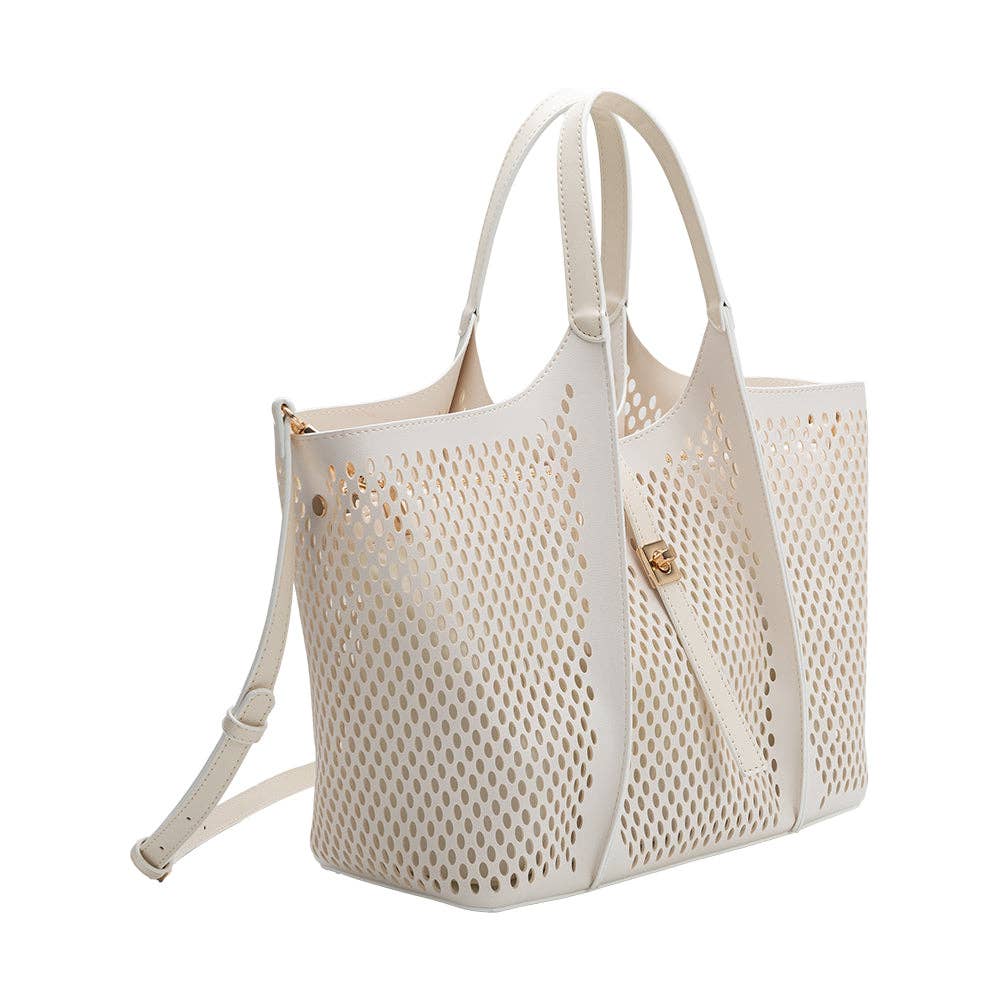 Malia Ivory Laser Cut Vegan Leather Tote Bag Pre-Order 3/30
