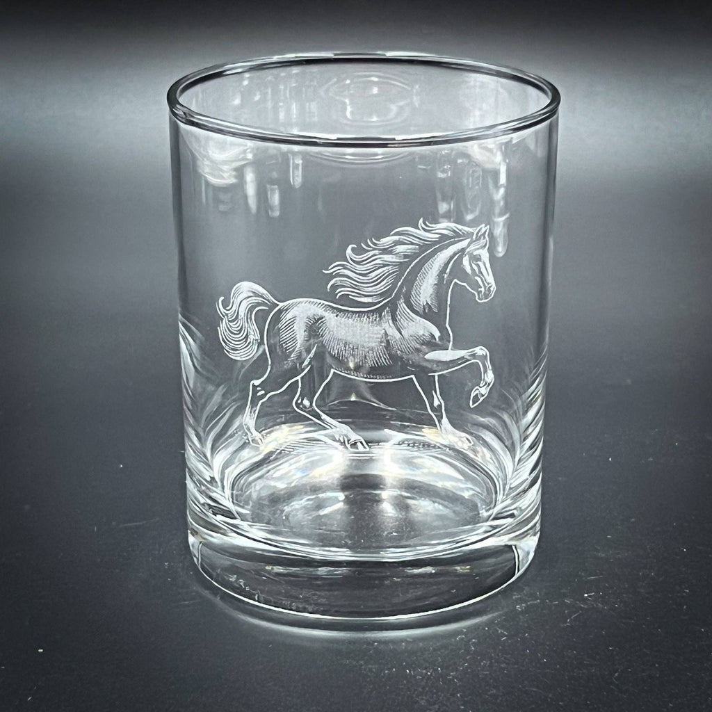 Double Old Fashioned Glass - 14 oz Horse Design Custom Etched Glass Tumbler